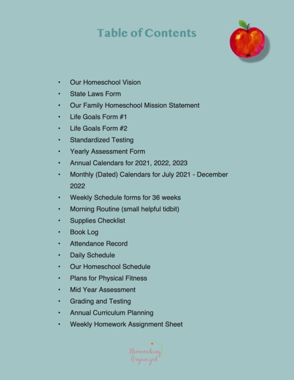 Homeschool Planner Table of Contents